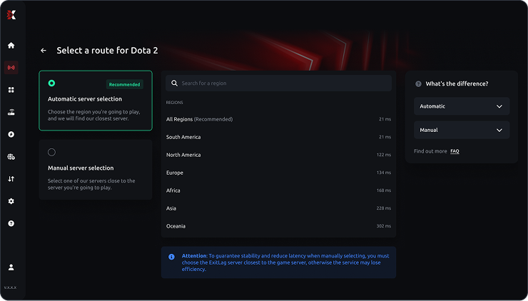 ExitLag route console showing automatic and manual region picks for a live title